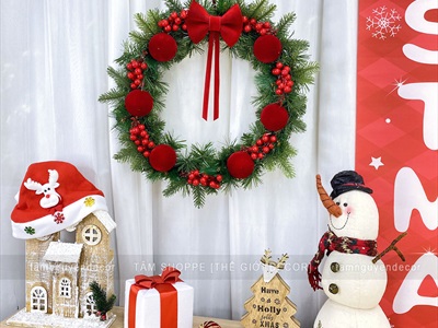 Vòng nguyệt quế Noel Châu nhung nơ đỏ ĐK 50cm VNGQ-X-39